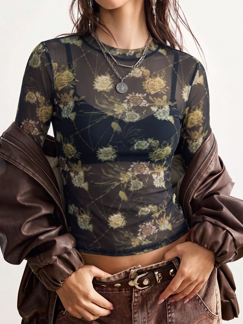 Floral Print Sheer Mesh Long Sleeve T-Shirt